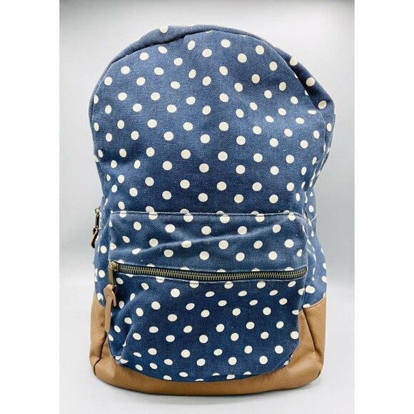 Navy Blue w White Polka Dots Backpack Cream Sparkle Trim Brown Faux Leather - Picture 1 of 9